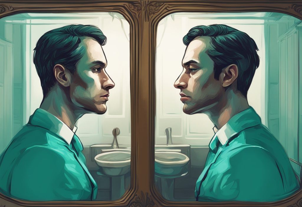 Teal-themed digital painting of a man staring into a mirror with a dramatic reflection.