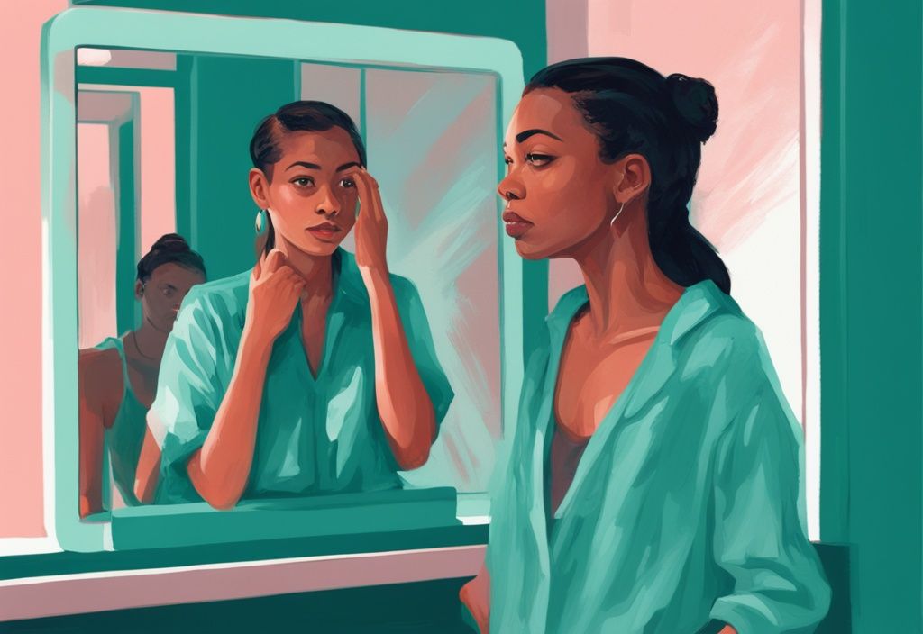 Modern digital painting of a woman gazing into a mirror with a self-absorbed expression, teal color theme, younger couple in the background looking exasperated.