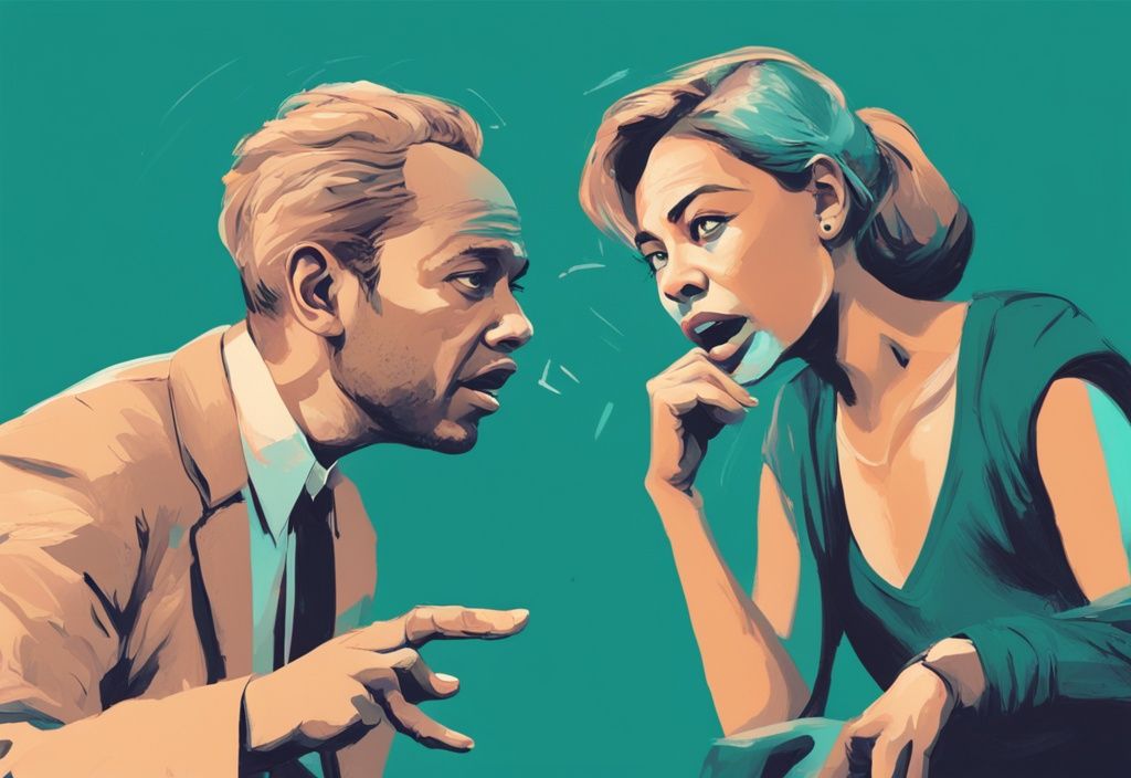 Teal-themed digital painting of two individuals in discussion, one speaking animatedly with gestures, the other disinterested and overlooked.