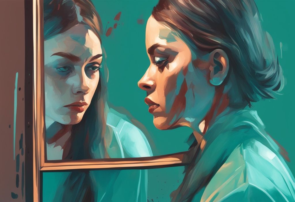 Modern digital painting of person experiencing narcissistic devaluation, teal-themed, looking into mirror with broken, distorted reflection.