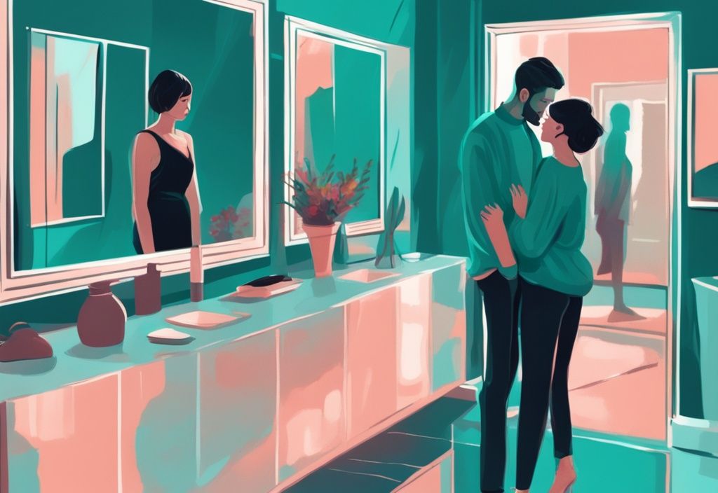 Modern digital painting with teal theme; narcissist holding mirror in foreground; blurred couple sharing loving moment in background; are narcissists capable of love.