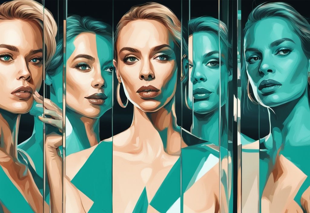 Modern digital painting of celebrities against a mirrored backdrop with teal color theme, showcasing self-admiring expressions.