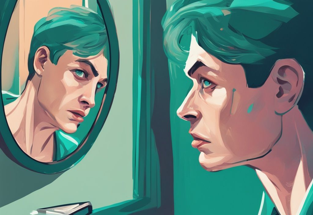 Modern digital painting of a frustrated narcissist looking into a mirror with a teal color theme, while an ignorant person looks away in the background.