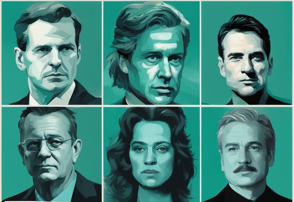 Modern digital painting collage of famous people with narcissistic personality disorder, featuring teal color theme and overlay of notable quotes.