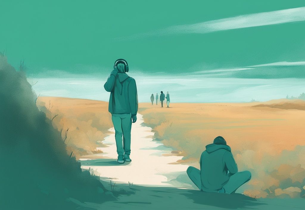 Modern digital painting illustrating signs a narcissist is done with you, featuring teal colors, a lone figure walking away from a group, individuals showing detachment and disinterest, and a vast, quiet landscape.