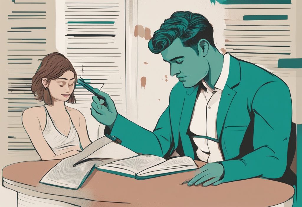 Modern digital painting of a confident person addressing a narcissist with a book listing phrases between them, teal color theme