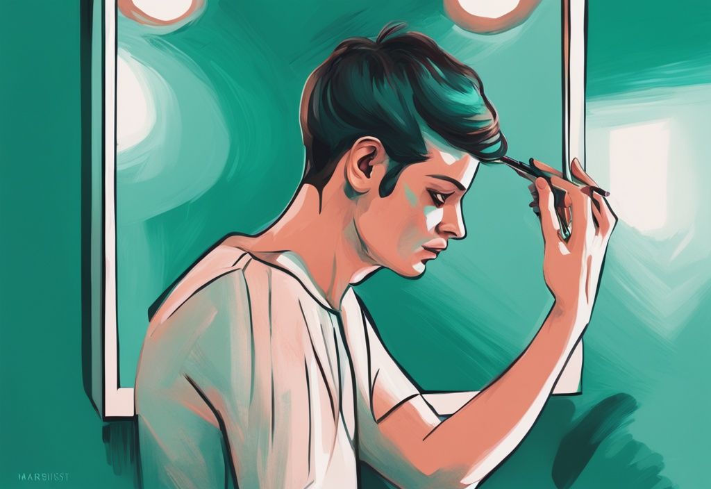 Modern digital painting of a narcissist gazing into a mirror reflecting the word 'Narcissist' in teal color theme