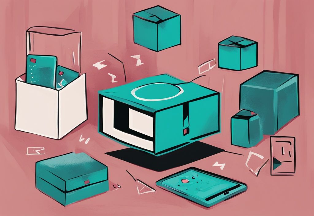 Modern digital painting with teal theme, five symbolic boxes with icons for contact, self-blame, social media encounter, revenge, and bargaining, breakup advice.