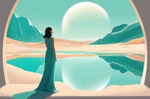 Modern digital painting illustrating signs you're healing from narcissistic abuse, featuring a serene teal lake, cloudless sky, woman standing calmly with fading mirror images, white line in sand separating contrasting landscapes, figure smiling at vibrant reflection.