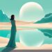 Modern digital painting illustrating signs you're healing from narcissistic abuse, featuring a serene teal lake, cloudless sky, woman standing calmly with fading mirror images, white line in sand separating contrasting landscapes, figure smiling at vibrant reflection.