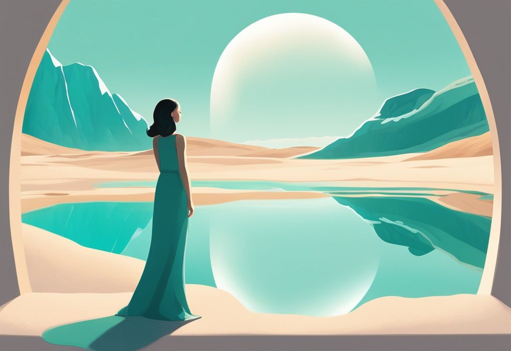 Modern digital painting illustrating signs you're healing from narcissistic abuse, featuring a serene teal lake, cloudless sky, woman standing calmly with fading mirror images, white line in sand separating contrasting landscapes, figure smiling at vibrant reflection.