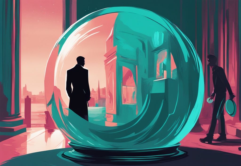 Teal-themed digital painting of a smug man peering into a crystal ball with a woman's silhouette moving forward.