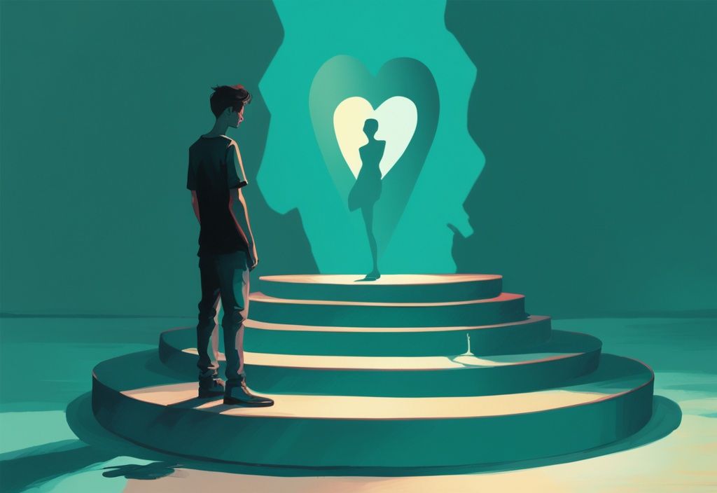 Modern digital painting of a person on a pedestal with spotlights, admirers, and a broken heart shadow in teal tones