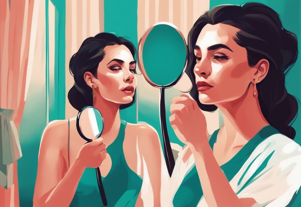 Modern digital painting of a narcissist wife admiring herself in a hand mirror while her husband tries to get her attention in the background, teal color theme.