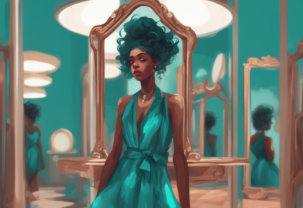 Modern digital painting of a person in dramatic clothing, feigning tears while looking in a handheld mirror, teal color theme