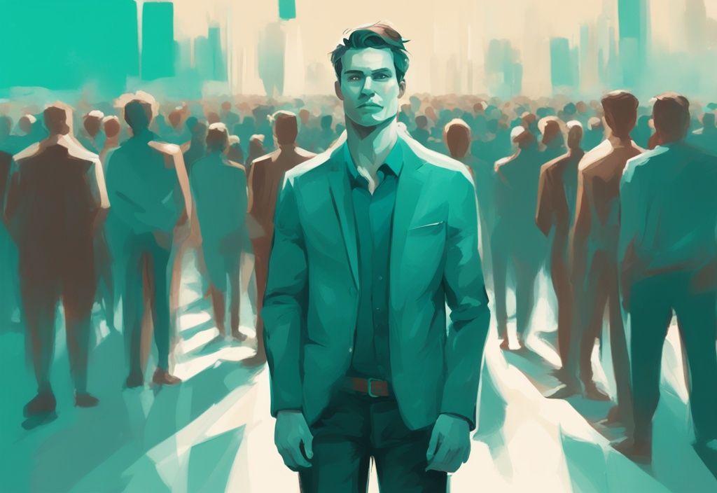 Confident man standing in a crowd with arrows pointing towards him, teal color theme, digital painting illustration.