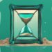 Modern digital painting in teal showing a broken antique mirror reflecting an hourglass with sand running out, symbolizing the end of narcissistic behavior, related to how long does narcissistic collapse last.