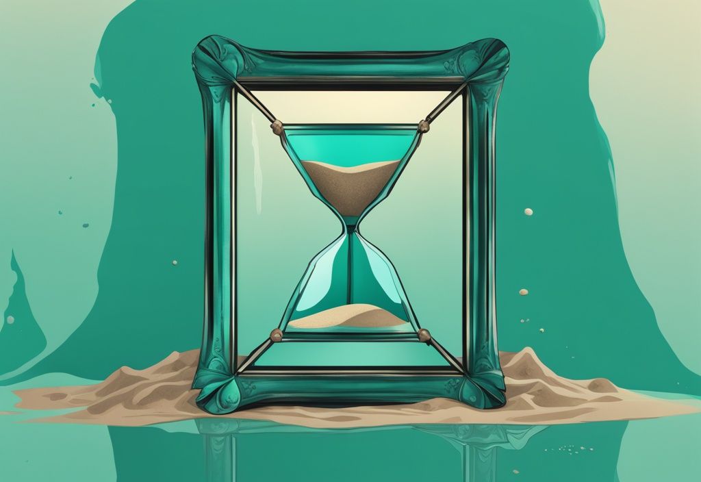 Modern digital painting in teal showing a broken antique mirror reflecting an hourglass with sand running out, symbolizing the end of narcissistic behavior, related to how long does narcissistic collapse last.