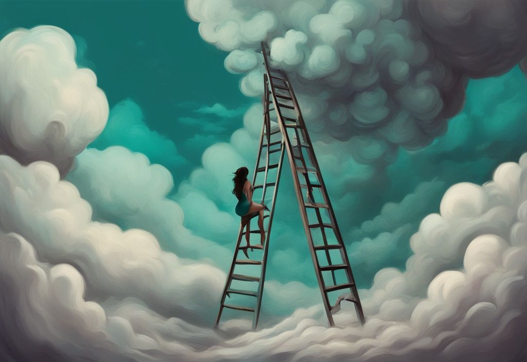 Woman climbing ladder through stormy clouds representing stages of divorcing a narcissist, modern teal digital painting illustration.