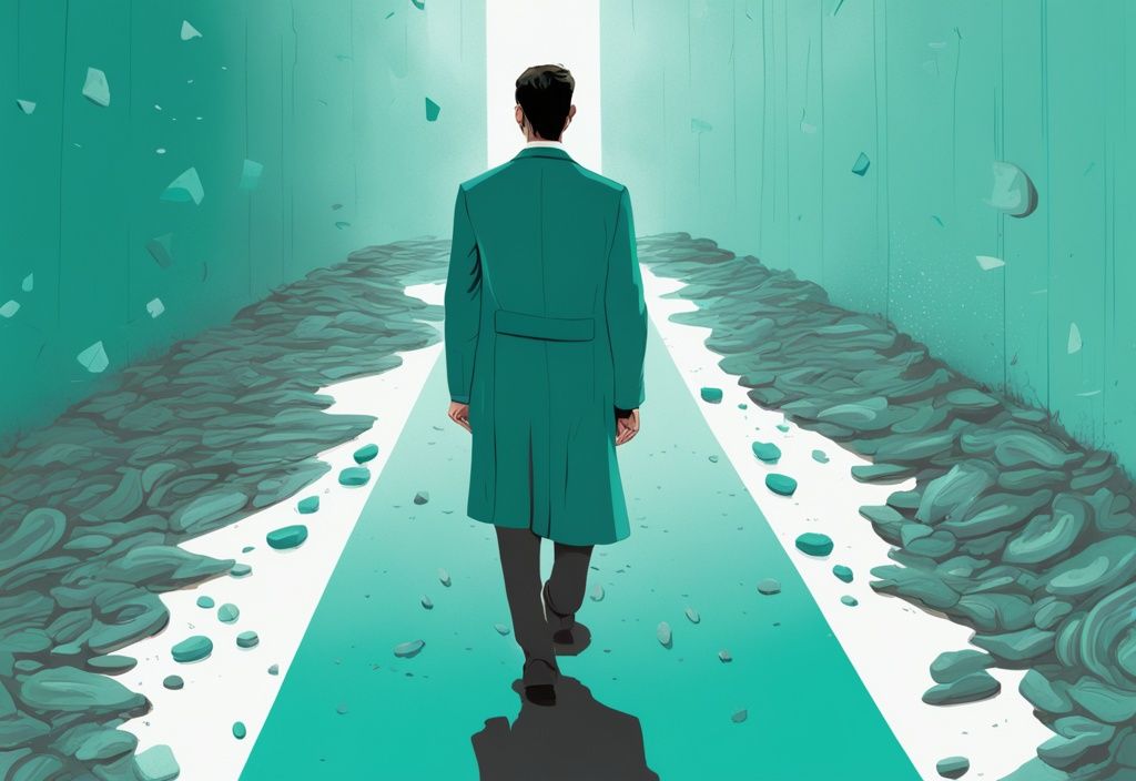 Teal-themed digital painting of a narcissist leaving manipulative promises as breadcrumbs, followed by a hopeful individual.