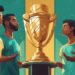 Modern digital painting of a narcissist idealization: individual adoring their reflection in a golden trophy, with others gazing up in awe, teal color theme.