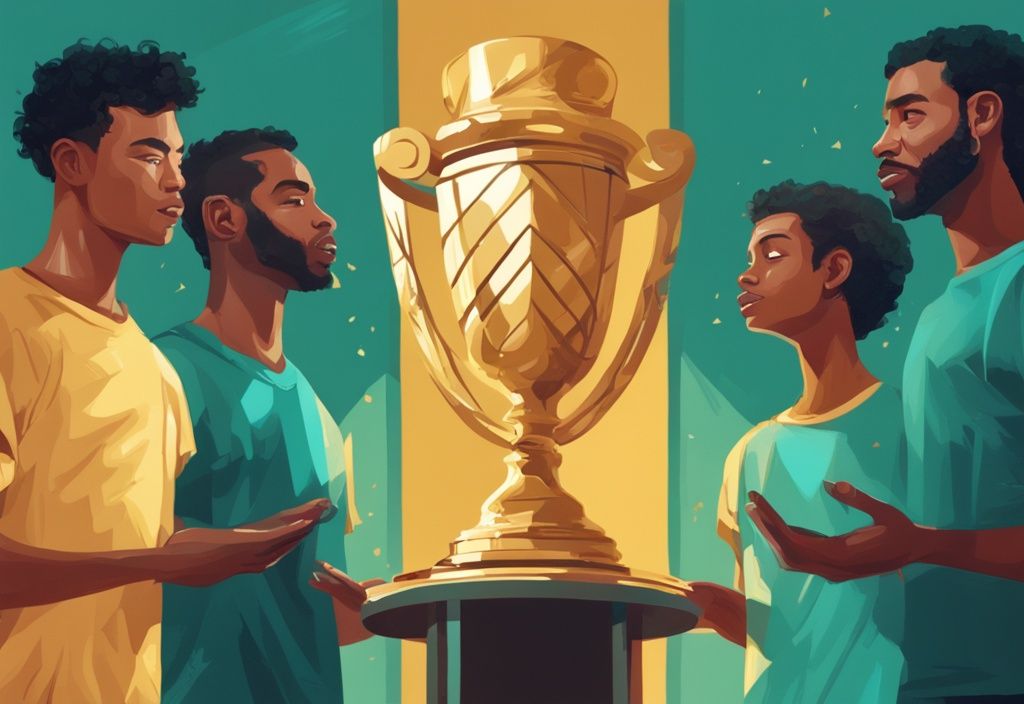 Modern digital painting of a narcissist idealization: individual adoring their reflection in a golden trophy, with others gazing up in awe, teal color theme.