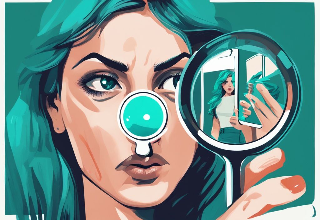 Modern digital painting of a person using a magnifying glass to examine a social media profile with excessive selfies and boastful updates, illustrating how to spot a narcissist on social media.