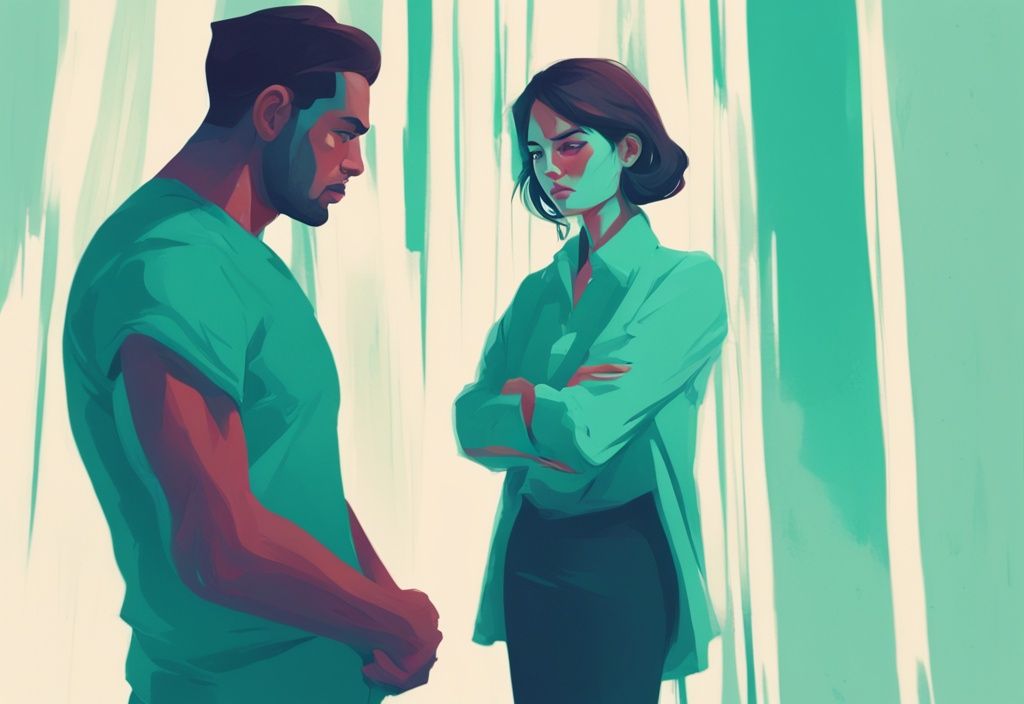 Modern digital painting of a passive aggressive narcissist husband with crossed arms, turning his back to an upset woman, main color theme teal.