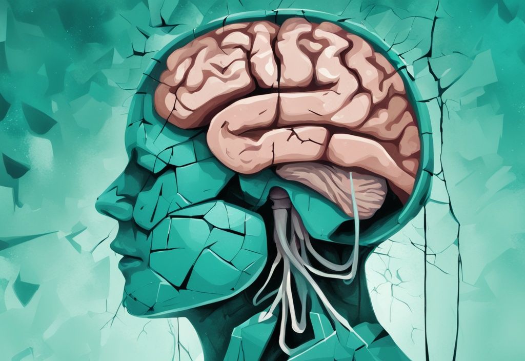 Modern digital painting of fragmented human brain symbolizing brain damage, teal color theme