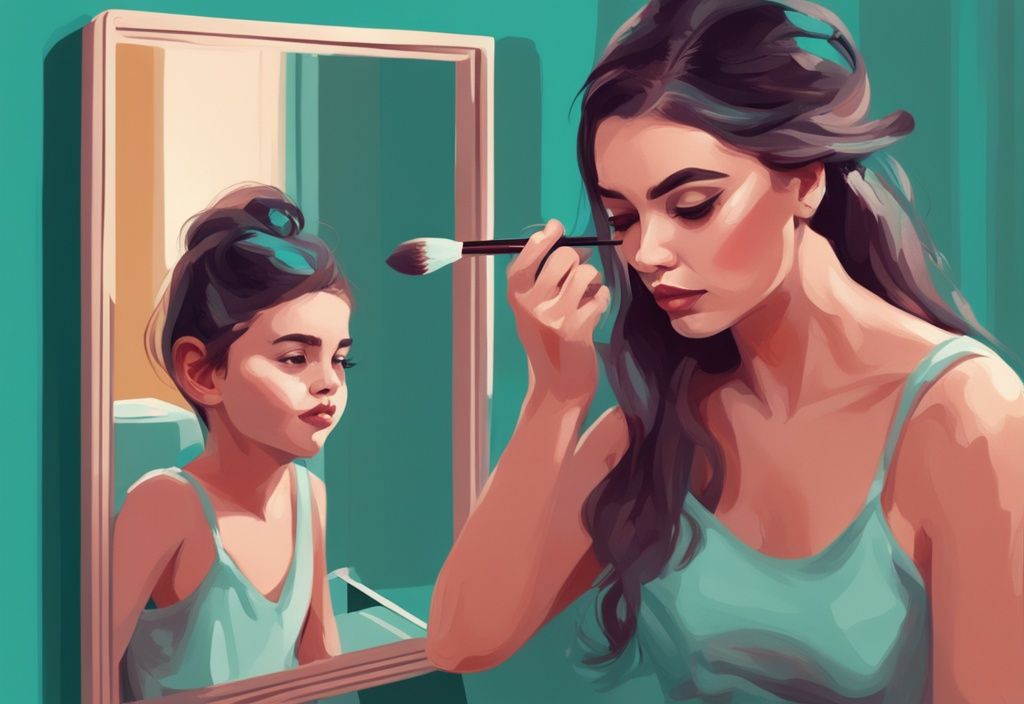 Teal-themed digital painting of a narcissistic sister applying makeup, ignoring her upset younger sibling in the background.