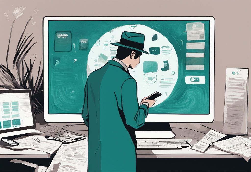 Detective examining social media posts on a digital screen, illustrating how to catch a narcissist cheating, with a modern teal color theme.