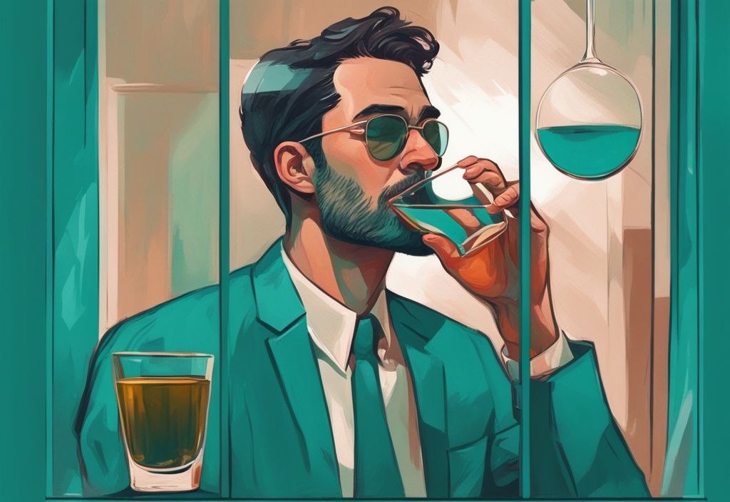 Modern digital painting of a man with a smug expression looking at his reflection in a glass of teal liquor, depicting self-obsession.