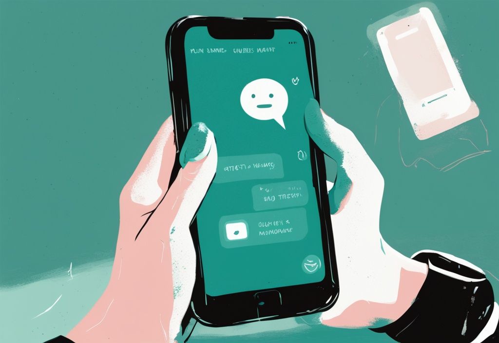 Teal-themed digital painting of hands holding a phone with a dull text conversation, symbolizing dry texting