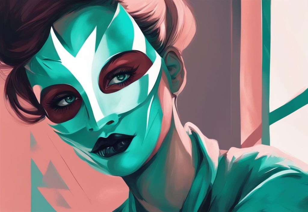 Modern digital painting of a masked individual nervously glancing over their shoulder, holding a mirror reflecting their concealed face, with a teal color theme.