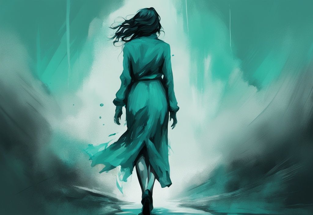 Modern digital painting of a woman walking away from a dark figure, broken chain at her feet, with uplifting final goodbye toxic relationship quotes overlayed, teal color theme.