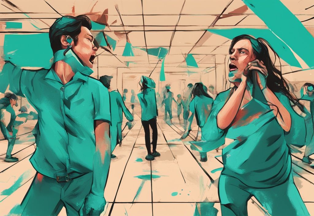 Modern digital painting of people using manipulation tactics like hoovering, guilt-tripping, idealization, future faking, triangulation, love bombing, jealousy tactics, reactive abuse, and hoover attempts with reactions of confusion, anger, and fear in teal color theme.