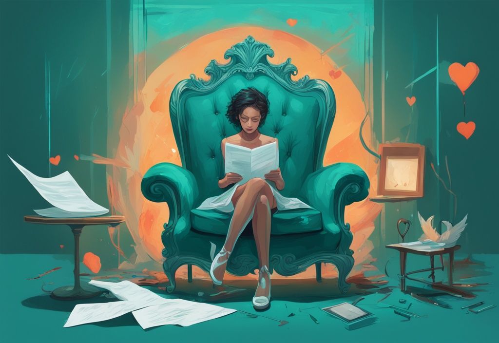 Teal-themed digital painting illustrating the stages of divorcing a narcissist with symbols: mirror, broken heart, legal document, empty chair, and reborn phoenix.