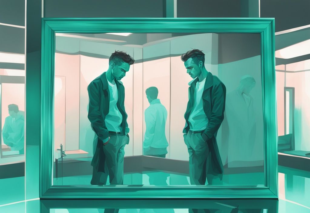 Modern digital painting, teal theme, man struggling to turn away from mirror, symbolizes attempt to stop being narcissist