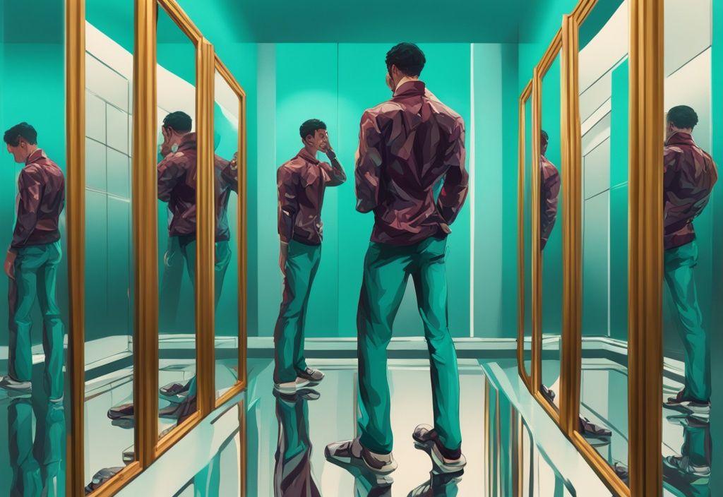 Modern digital painting of an overt narcissist man admiring himself in multiple mirrors with teal color theme.