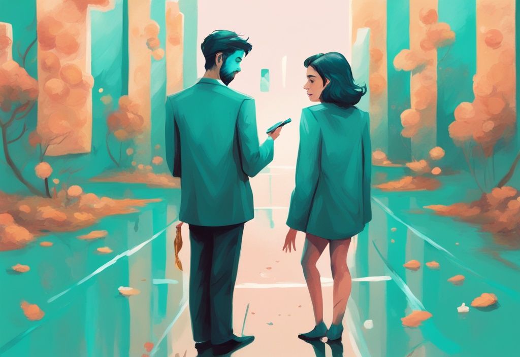 Modern digital painting of a narcissist breadcrumbing a sad individual along a path of insincere affection, with a teal color theme.