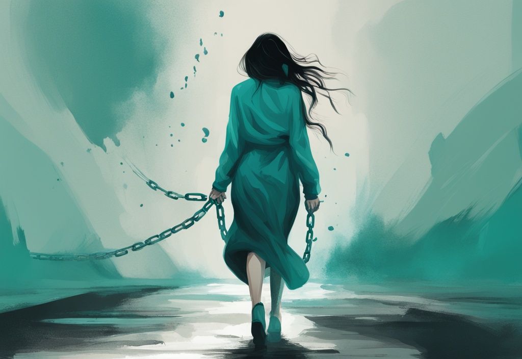 Modern digital painting of a woman walking away from a dark figure with broken chains, featuring final goodbye toxic relationship quotes in teal color theme.