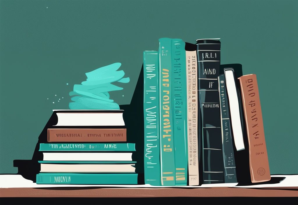 Modern digital painting of teal-themed stack of well-worn fiction books about narcissism reflected in a mirror, symbolizing deep self-absorption.