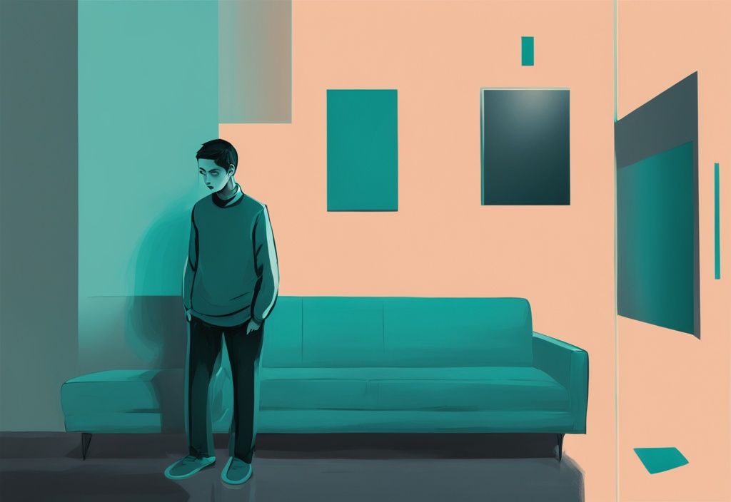 Modern digital painting illustrating the stages of guilt after cheating, showcasing a lone figure in teal, divided into five sections representing remorse, anxiety, denial, depression, and acceptance.