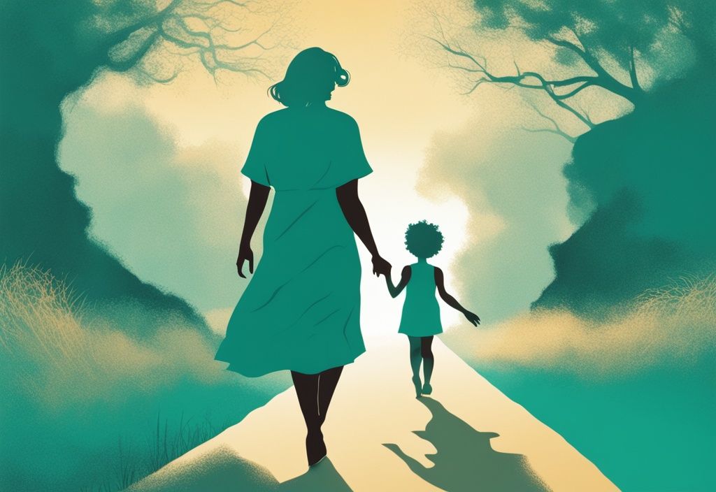 Modern digital painting of young woman stepping out from mother's silhouette onto sunlit path, teal color theme