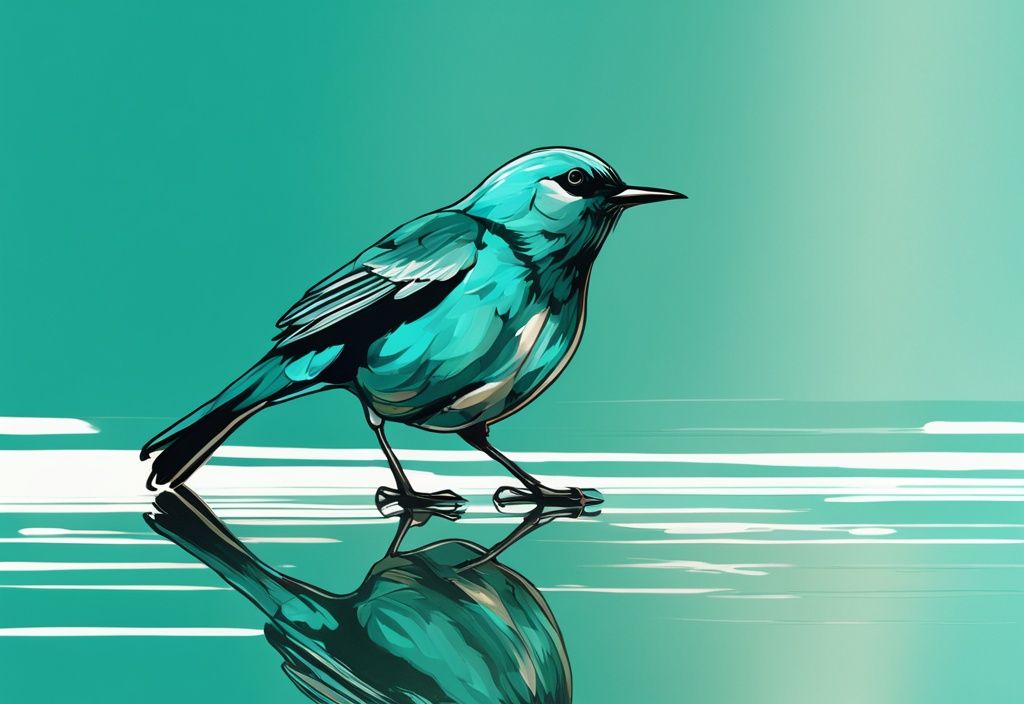 Modern digital painting of a teal-themed songbird admiring its reflection, symbolizing songs about narcissism.