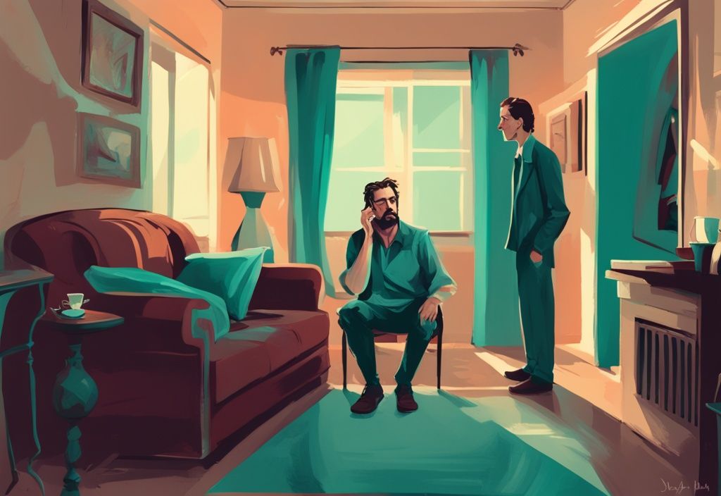 Modern digital painting of a self-admiring man ignoring his wife in a tense teal-themed household scene