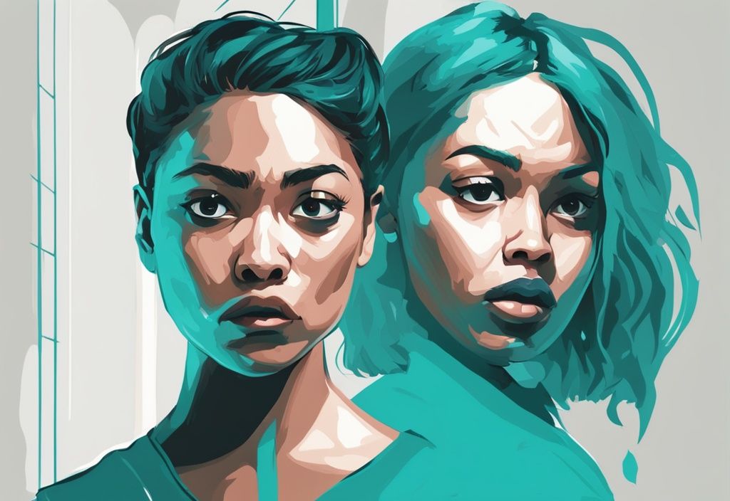 Modern digital painting of assertive communication between two people, main color theme teal, one person surprised and intrigued.