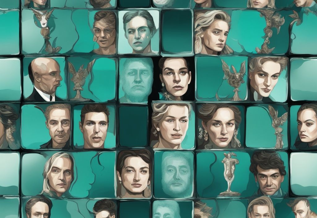 Modern digital painting with teal theme, featuring a montage of celebrities with narcissistic personality disorder in ornate mirrors.