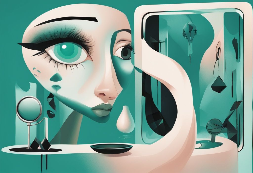 Modern digital painting with teal theme, mirror reflecting dramatic figure with exaggerated features, surrounded by 10 traits of a narcissist symbolic icons.