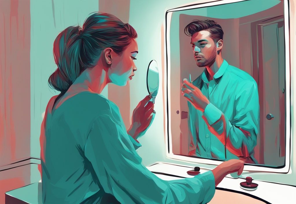 Modern digital painting of a young woman scrutinizing her arrogant boyfriend admiring his reflection in a mirror, illustrating the question "is my boyfriend a narcissist" with a teal color theme.